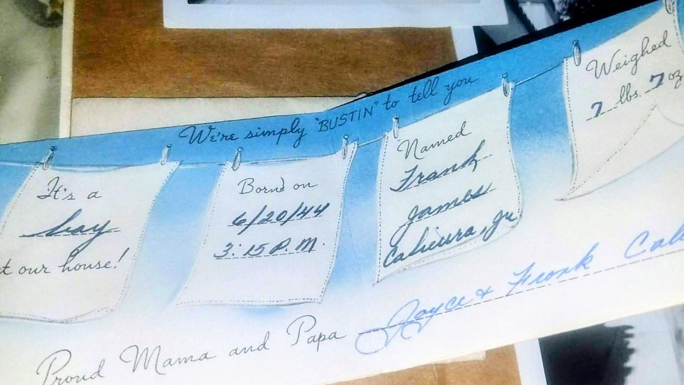 Handmade birth announcement painted as laundry on a clothesline for Frank James Calicura Jr., born June 20, 1944