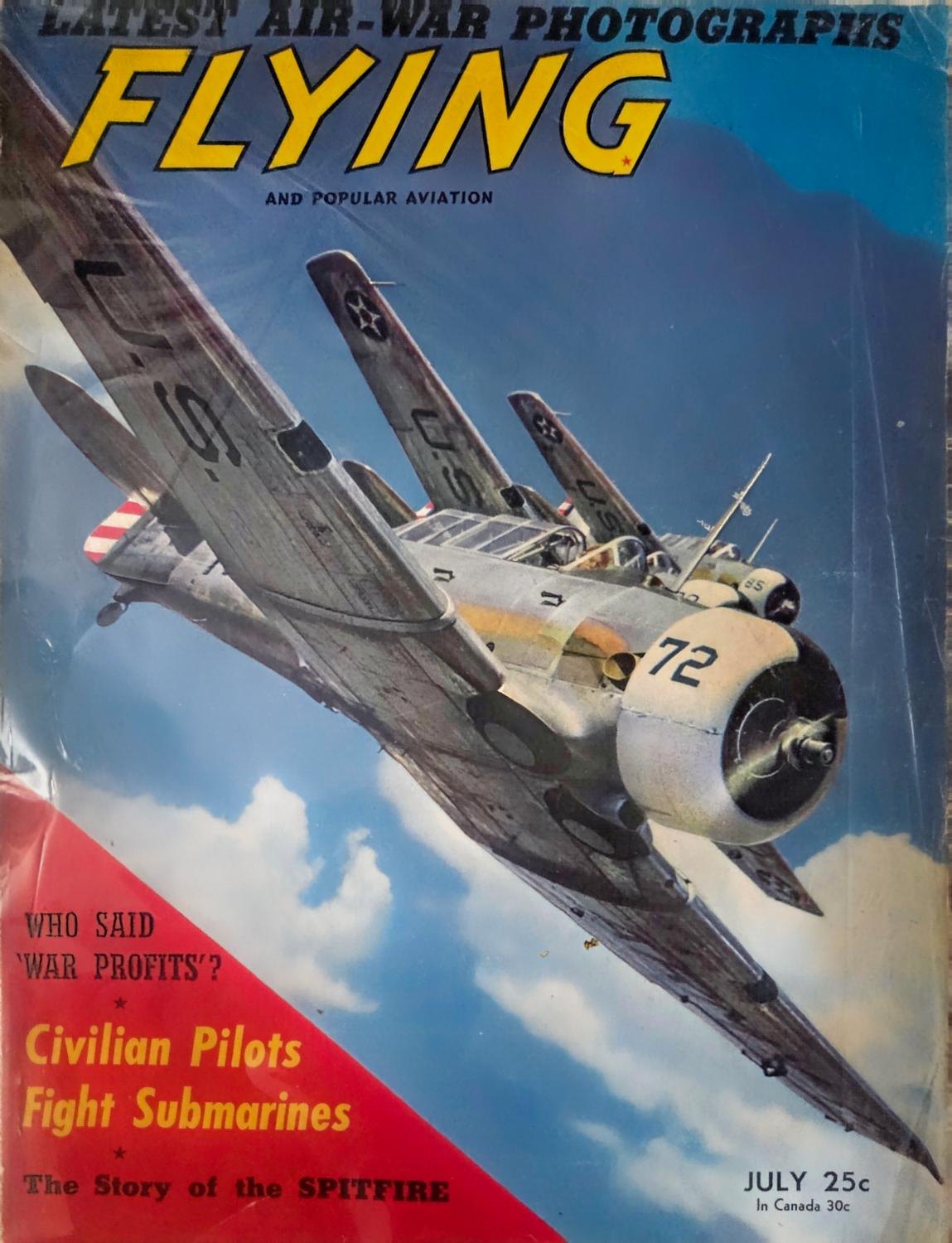 Cover of Flying and Popular Aviation, July 1942: Navy dive bombers in a climb, a red banner reading Civilian Pilots Fight Submarines