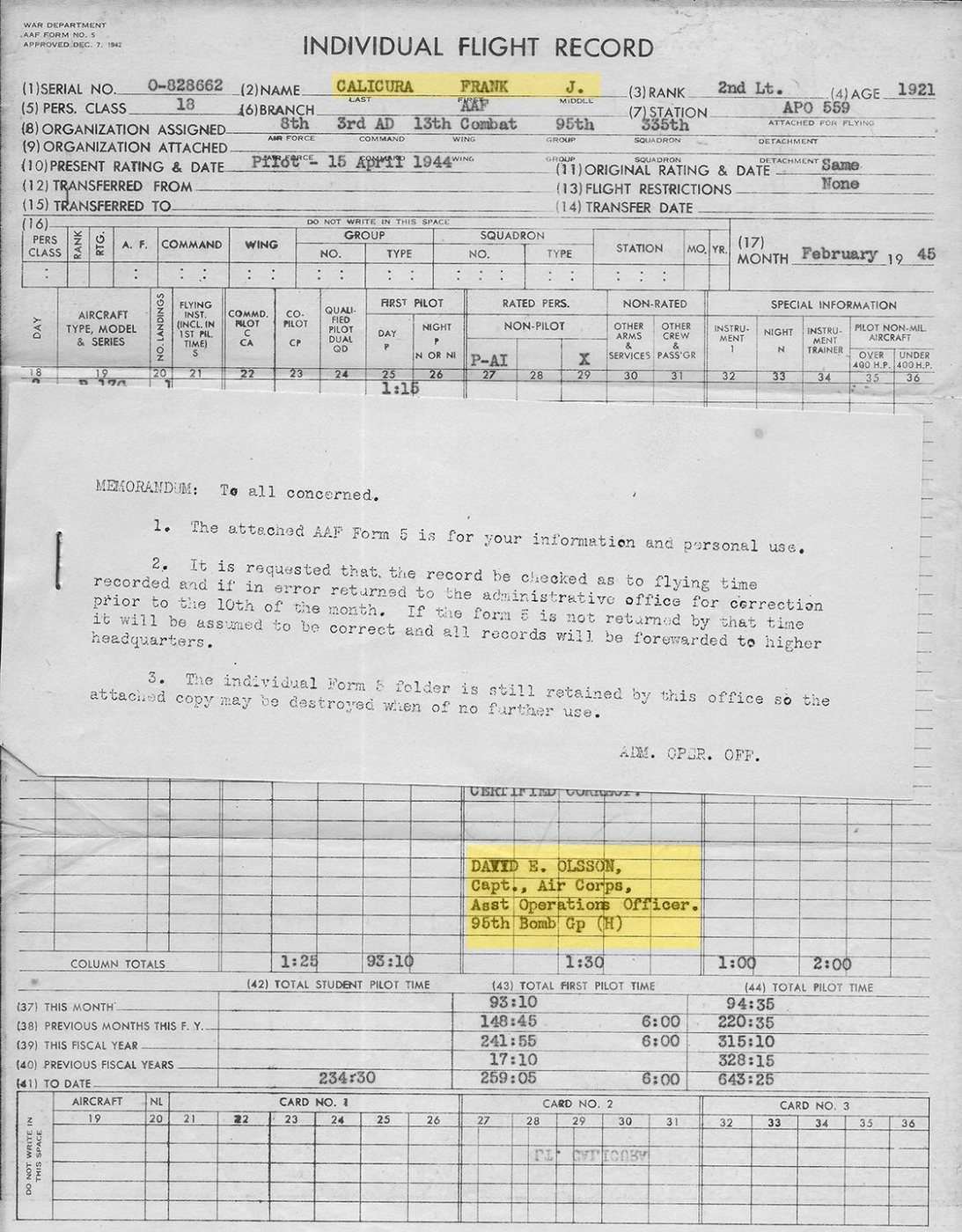 AAF Form 5 Individual Flight Record for 2nd Lt. Frank J. Calicura, February 1945, certified by Capt. David E. Olsson