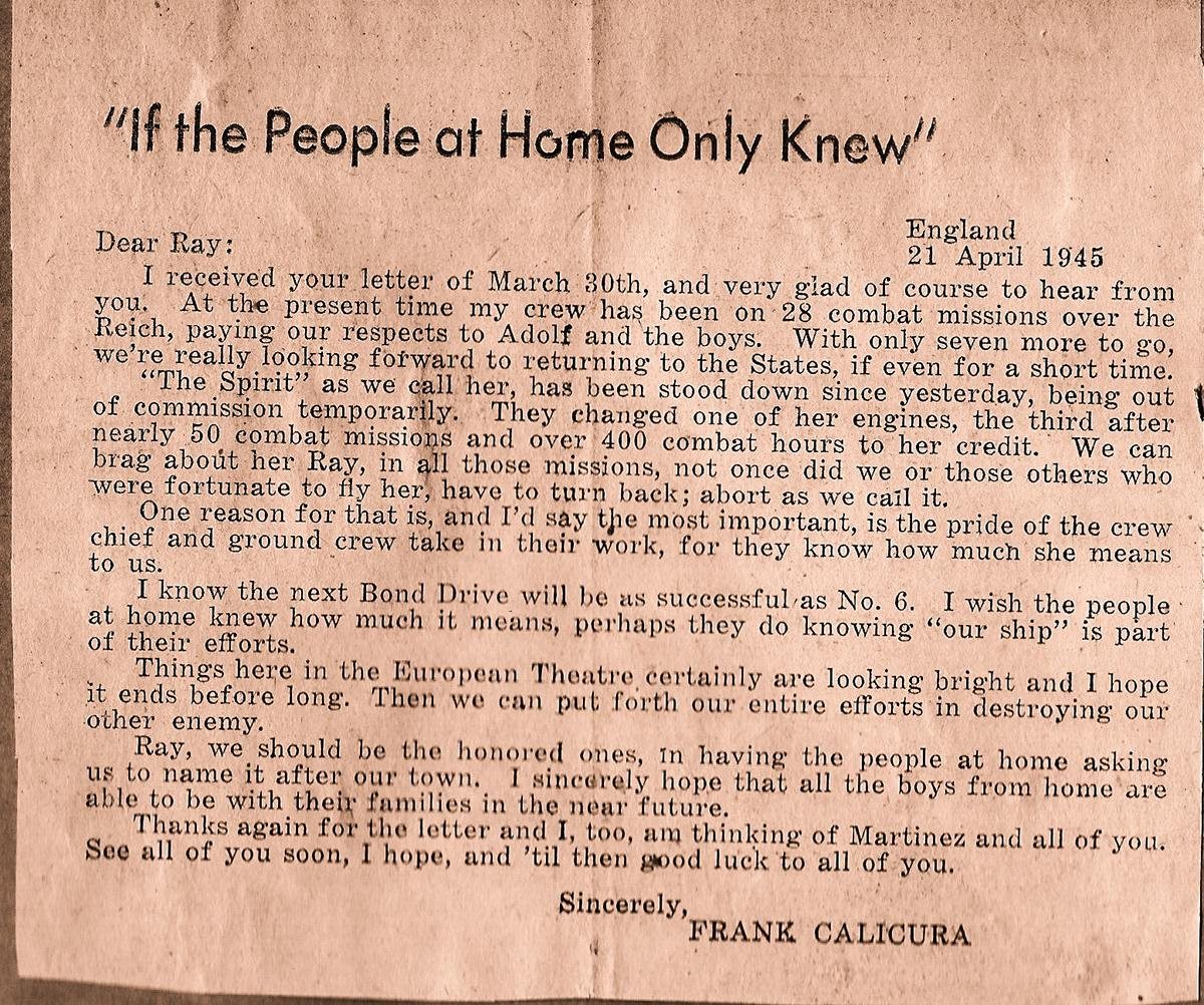 Newspaper clipping of a letter titled If the People at Home Only Knew, signed Frank Calicura, England, 21 April 1945