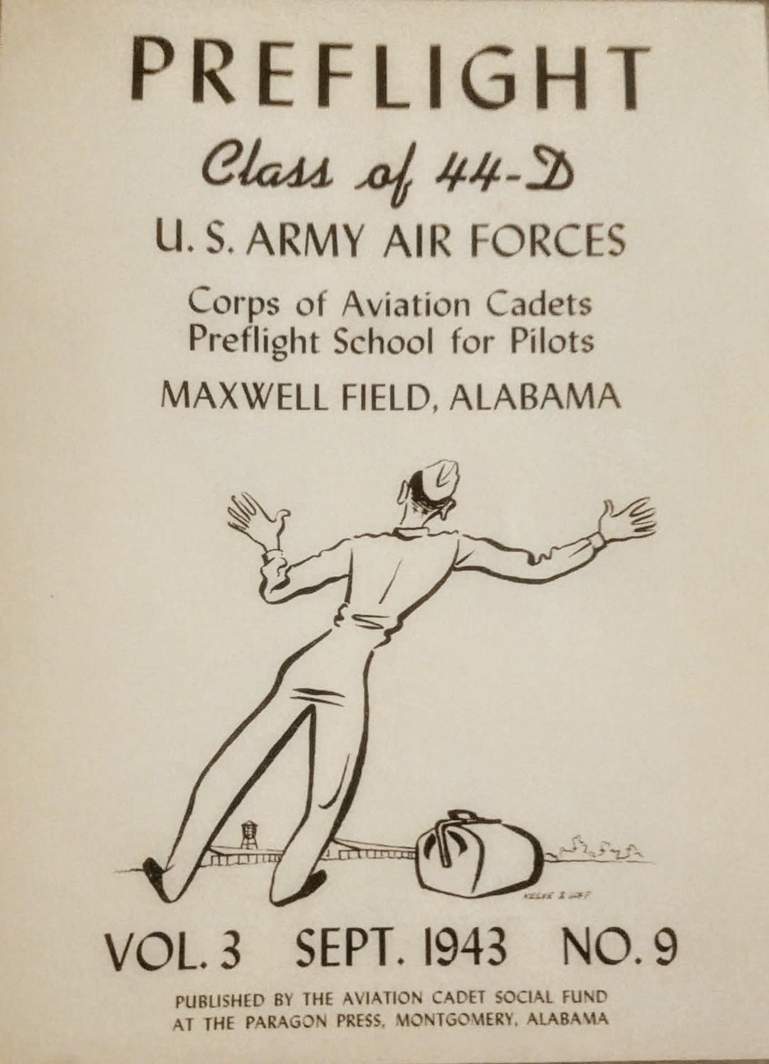 Cover of Preflight, Class of 44-D, U.S. Army Air Forces Corps of Aviation Cadets Preflight School for Pilots, Maxwell Field, Alabama, Vol. 3 Sept. 1943 No. 9, a cadet waving at a departing train