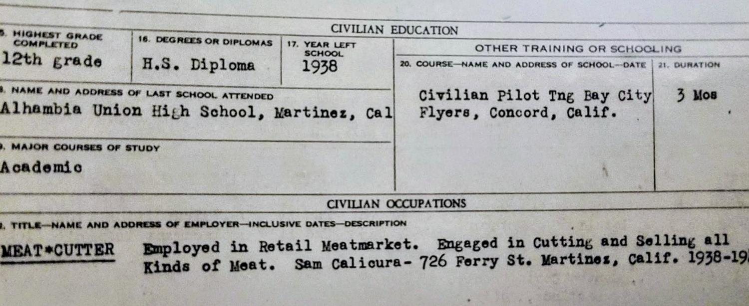 Typed civilian education and occupation block from Frank Calicura’s qualification record: Alhambra High 1938, Bay City Flyers, meat cutter