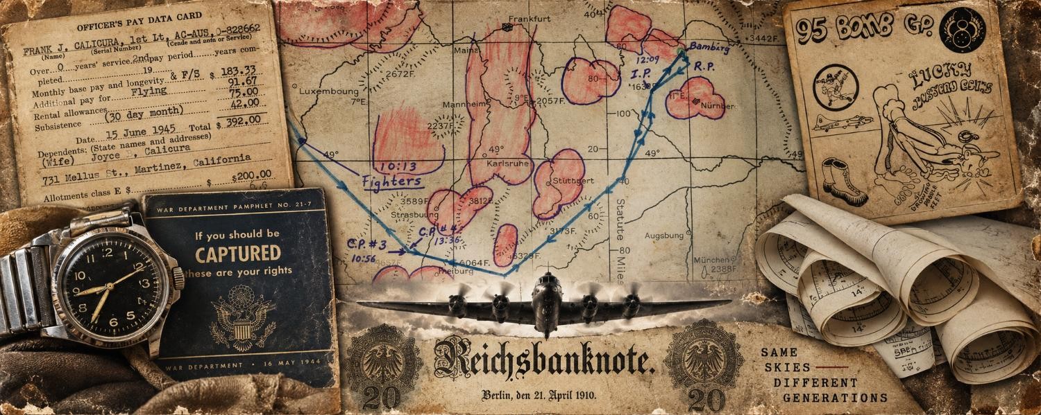 A modern composite of the tour: pay card, evasion pamphlet, a captains’ chart to Bamberg, a B-17, a Reichsbank note, the Lucky Bastard Club cartoon